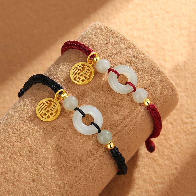 Fortune Jewel 925 Sterling Silver Hetian Jade Peace Buckle Fu Character Charm Abundance Bracelet