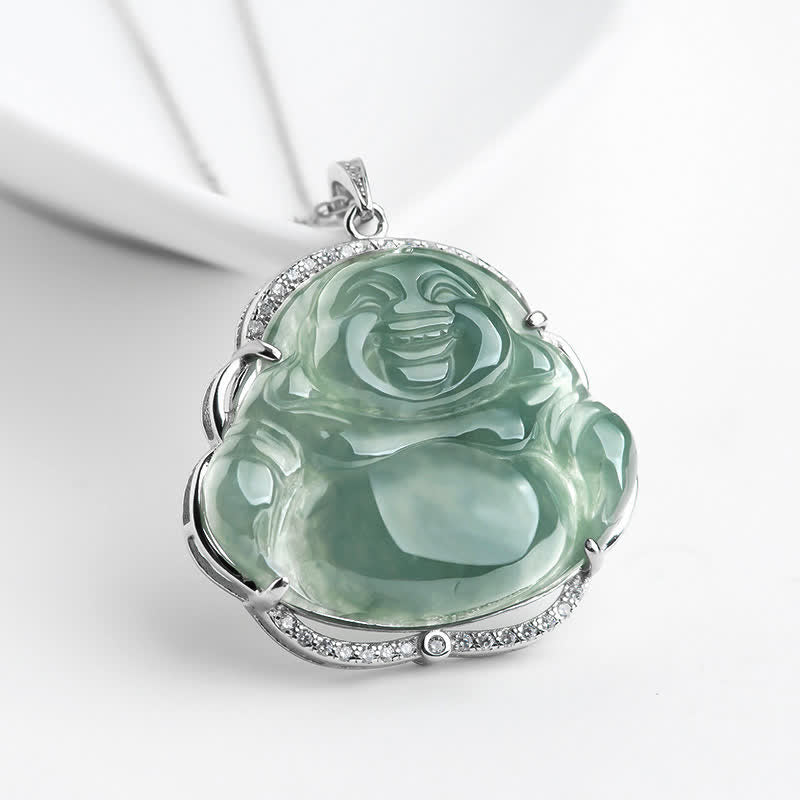 Fortune Jewel Laughing Buddha Natural Jade Luck Necklace Titanium Steel Chain Pendant Fortune Jewel