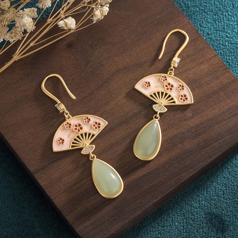 Fortune Jewel Natural Green Aventurine Fan Pattern Luck Drop Earrings