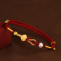 Fortune Jewel 24K Gold Wish Ruyi Handle Fu Character Rabbit Pearl Luck Braided Bracelet