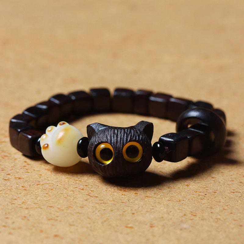 Fortune Jewel Ebony Wood Cute Cat Bodhi Seed Paw Claw Square Beads Calm Bracelet