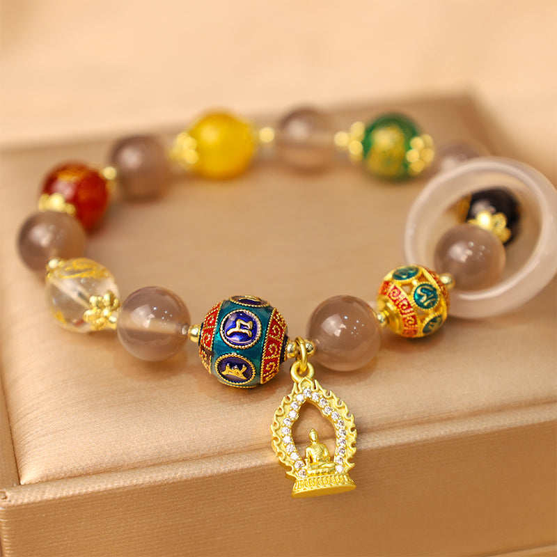 Fortune Jewel Natural Gray Agate Five Directions Gods of Wealth Om Mani Padme Hum Buddha Charm Bracelet