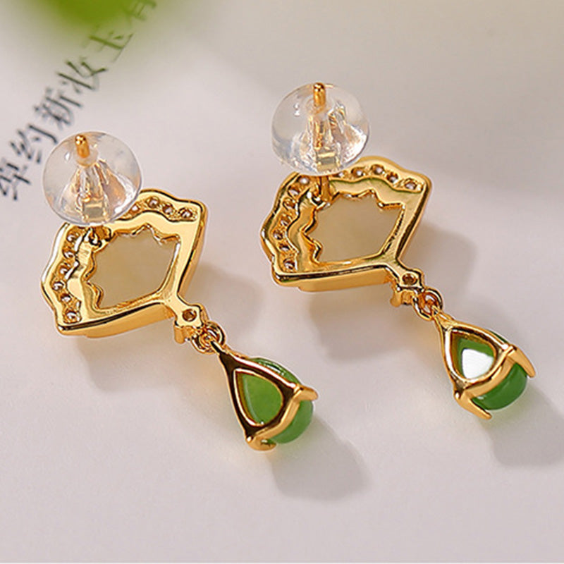Fortune Jewel White Jade Cyan Jade Fan Water Drop Pattern Luck Drop Earrings