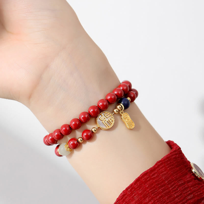 Fortune Jewel 925 Sterling Silver Cinnabar Tridacna Stone Fu Character Double Wrap Blessing Bracelet