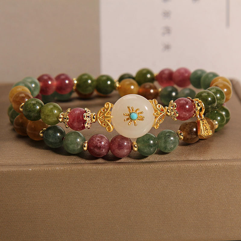Fortune Jewel Natural Multicolored Tourmaline Positive Jade Flower Double Wrap Bracelet