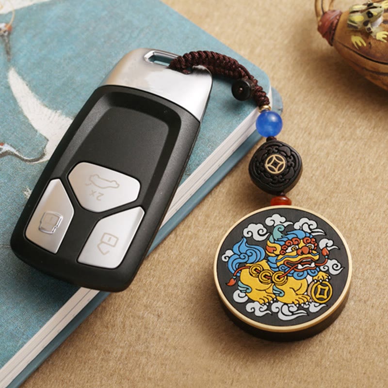 Fortune Jewel PiXiu Copper Coin Ebony Wood Luck Attract Wealth Key Chain Decoration