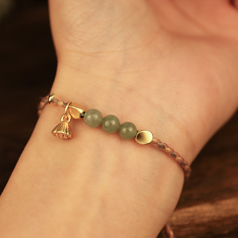 Fortune Jewel Handcrafted Hetian Jade Lotus Charm Luck Braided Bracelet