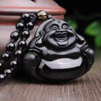 Fortune Jewel Laughing Buddha Black Obsidian Transformation Pendant Necklace