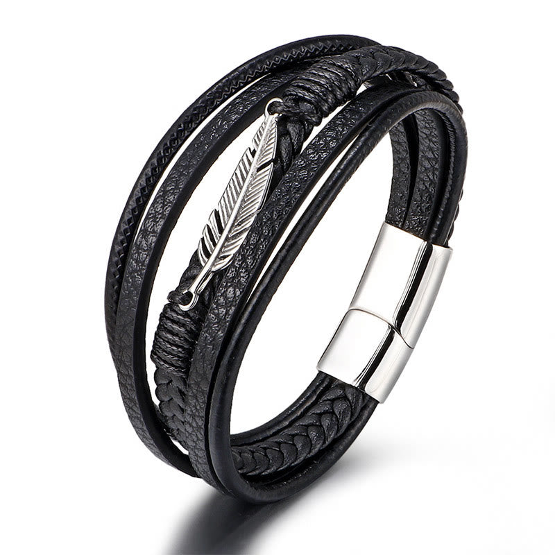 Fortune Jewel Feather Pattern Multilayer Leather Titanium Steel Calm Braided Magnetic Buckle Bracelet