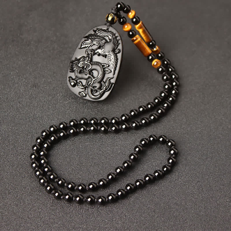 Fortune Jewel Black Obsidian Tiger Eye Dragon Phoenix Protection Beaded Necklace Pendant