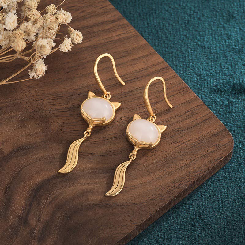 Fortune Jewel FengShui White Jade Fox Fortune Earrings