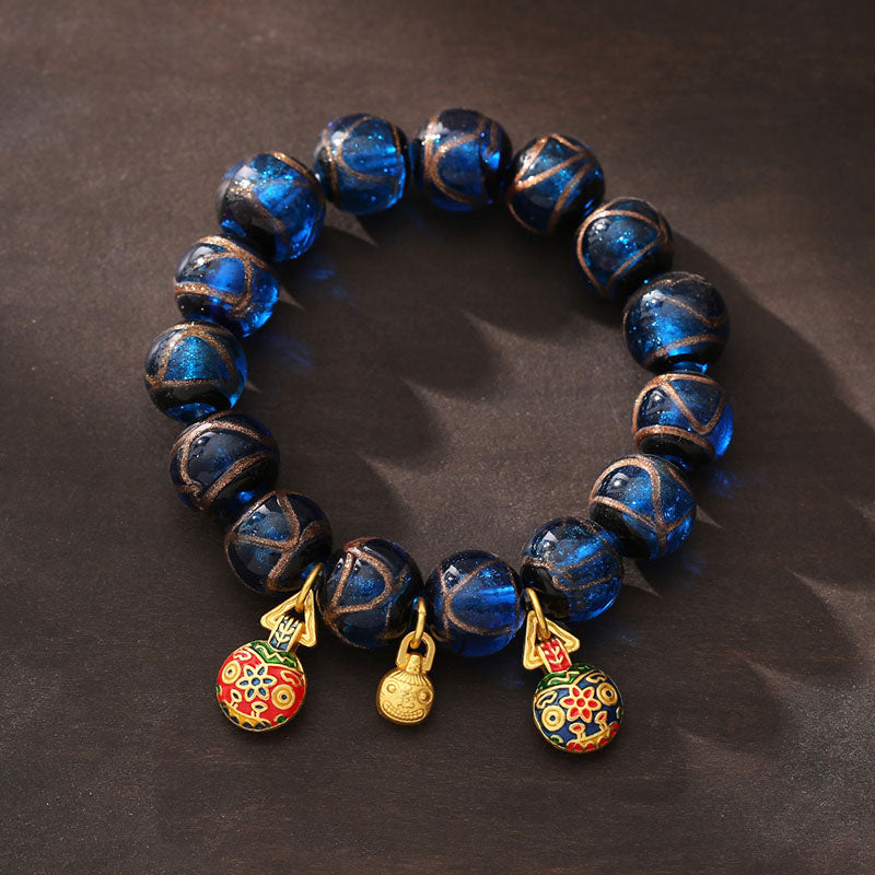 Fortune Jewel Gold Swallowing Beast Luck Charm Blue Liuli Glass Bead Fortune Bracelet