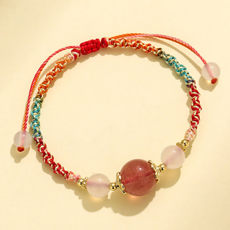 Fortune Jewel Strawberry Quartz Pink Crystal Prehnite White Agate Bead Healing Rope Bracelet