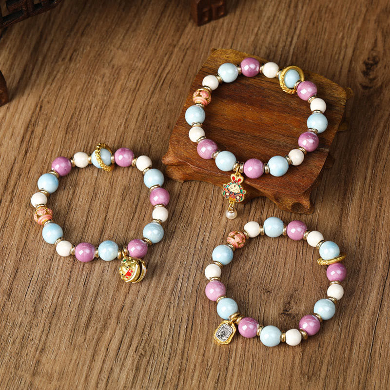 Fortune Jewel Tibetan Zakiram Goddess of Wealth Rabbit Lion Head Charm Liuli Glass Incense Ash Porcelain Bead Protection Bracelet