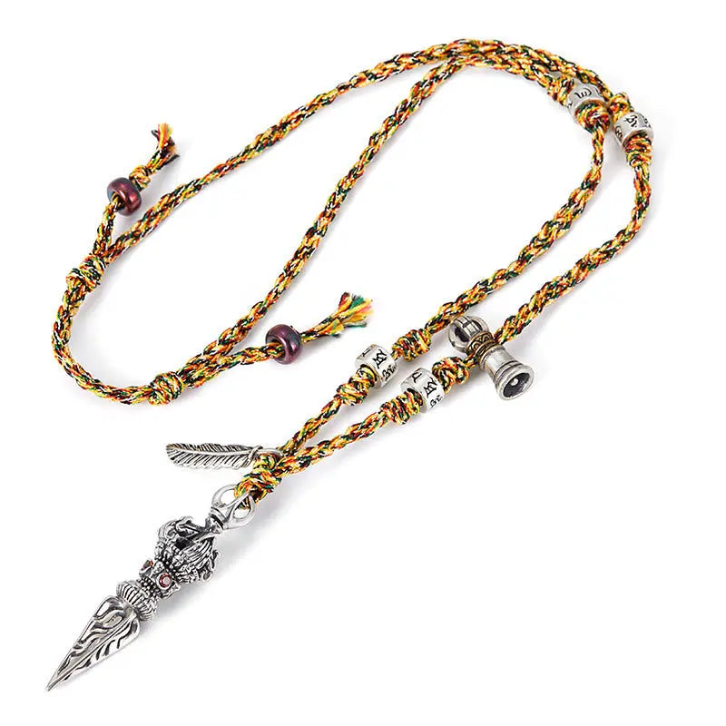 Fortune Jewel Tibetan Handmade 925 Sterling Silver Dorje Vajra Om Mani Padme Hum Feather Strength Necklace Pendant Fortune Jewel