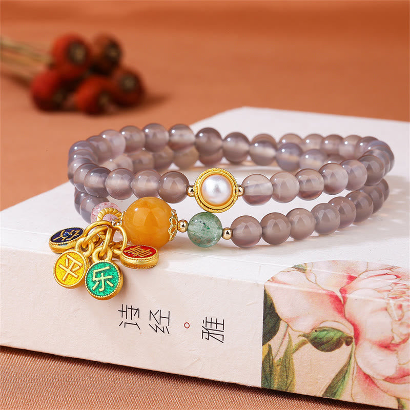 Fortune Jewel Natural Gray Agate Peace And Joy Charm Balance Double Wrap Bracelet