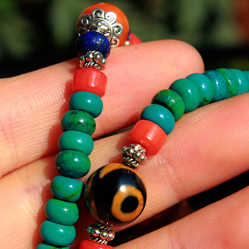 Fortune Jewel 108 Mala Beads Tibetan Turquoise Dzi Bead Protection Bracelet