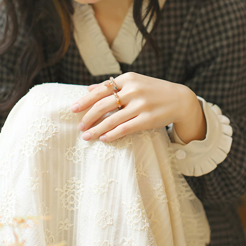 Fortune Jewel 14k Gold Plated Copper Fu Lu Shou Crystal Peach Moonstone Happiness Wealth Ring