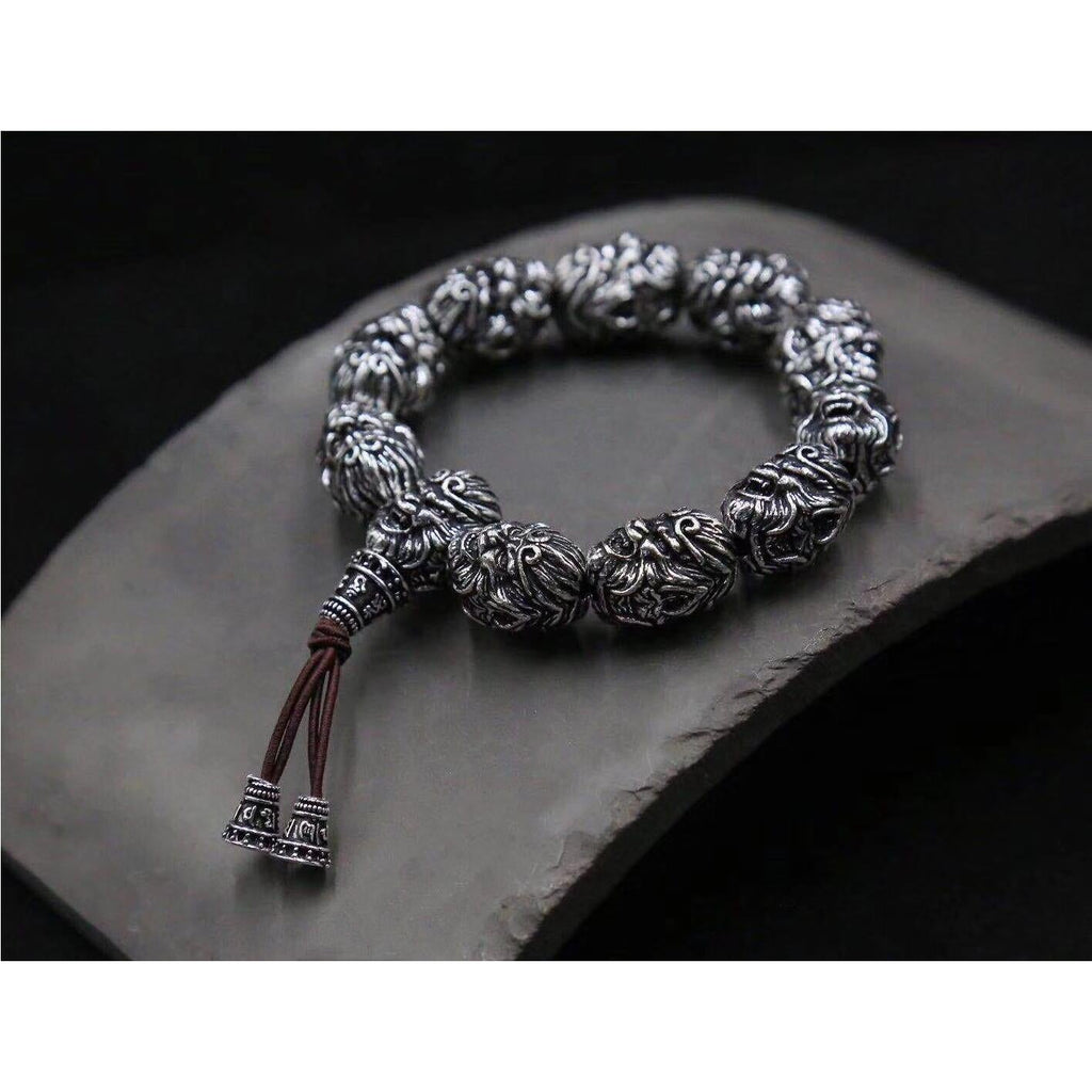 Vintage Men's Silver Bracelet Sun Wukong Fighting Buddha Beaded Bracelet