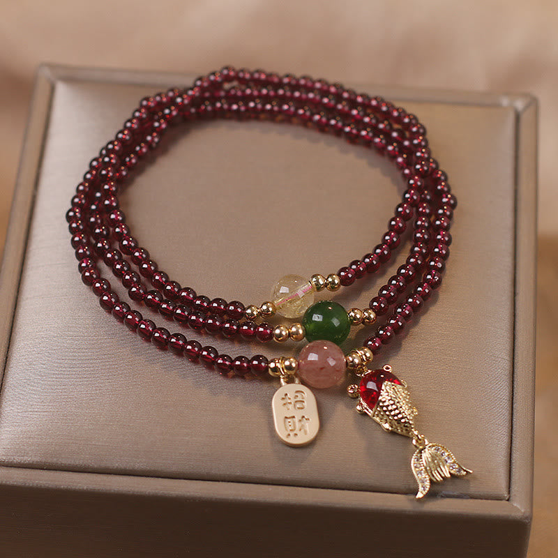 Fortune Jewel Natural Garnet Strawberry Quartz Crystal Fox Koi Fish Peace Buckle Fortune Protection Triple Wrap Bracelet