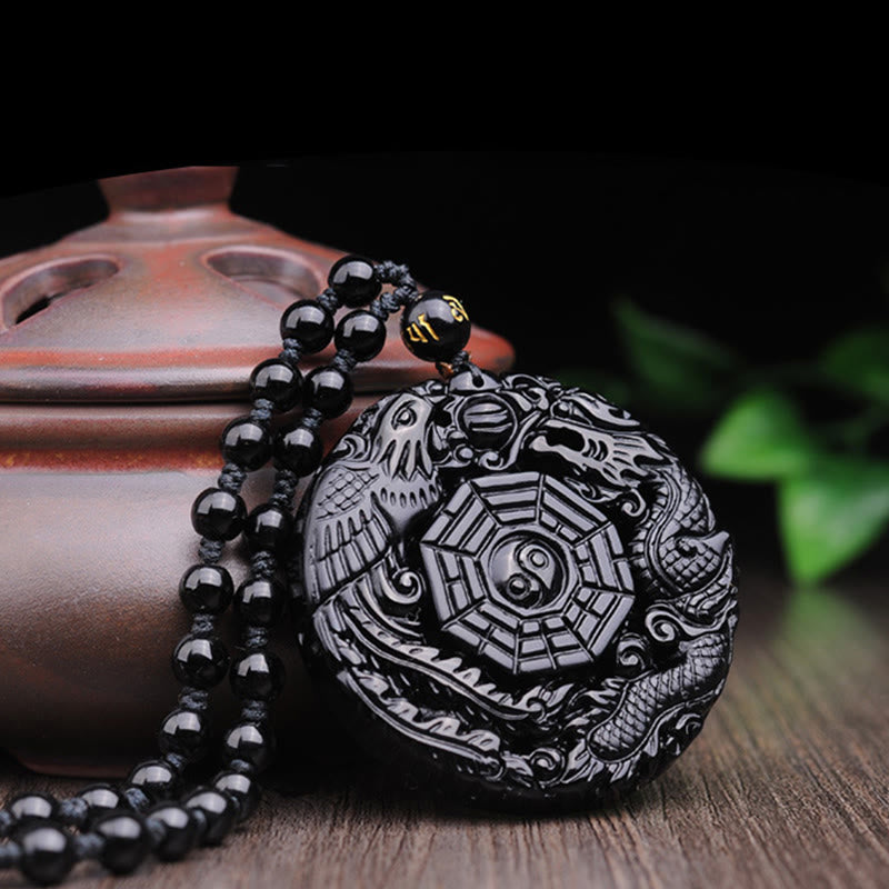 Fortune Jewel Bagua Dragon Phoenix Obsidian Fulfilment Pendant Necklace