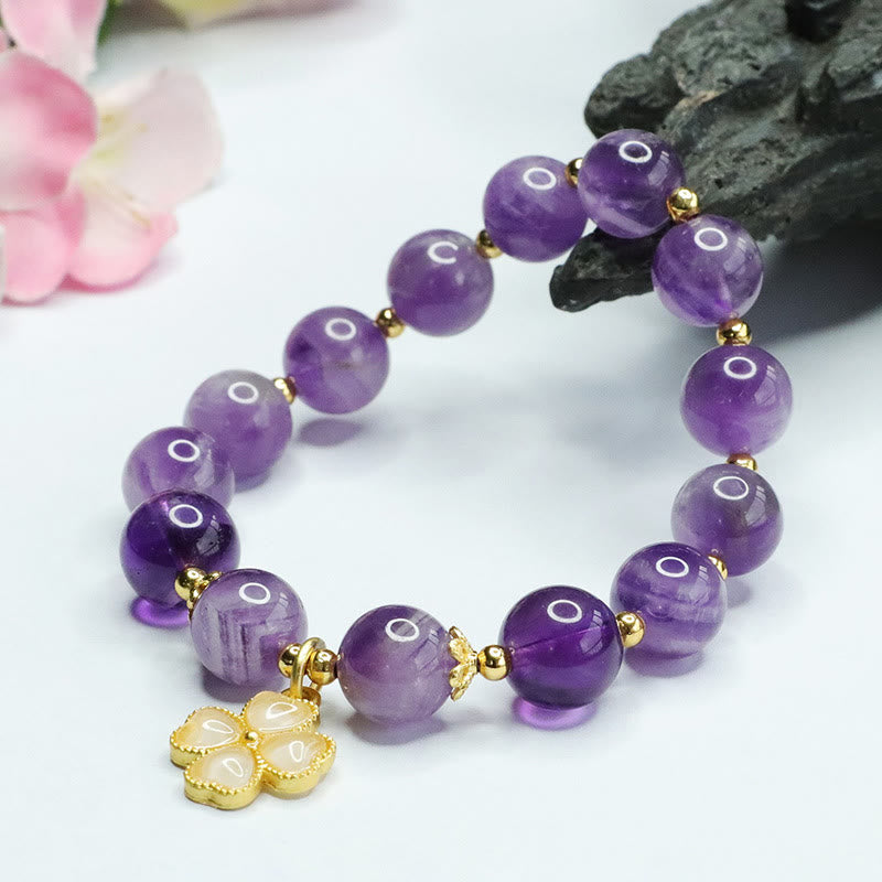Fortune Jewel Natural Amethyst Crystal Inner Peace Four Leaf Clover Charm Bracelet
