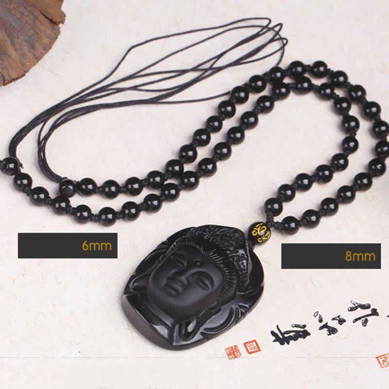 Fortune Jewel Natural Black Obsidian Kwan Yin Avalokitesvara Strength String Necklace Pendant
