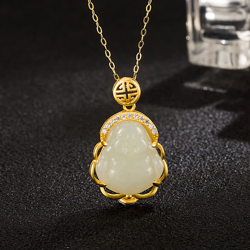Fortune Jewel 925 Sterling Silver Laughing Buddha Hetian White Jade Protection Necklace Pendant Fortune Jewel