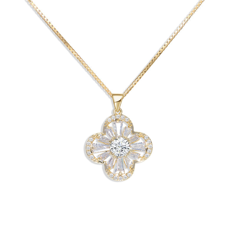 925 Sterling Silver CZ Four Leaf Clover Necklace – White Gold Color Collarbone Chain for Women