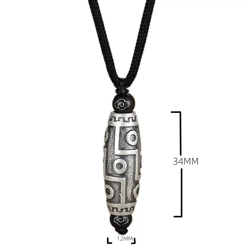 Fortune Jewel Tibet Nine-Eye Dzi Bead Pattern Copper Auspicious Clouds Wealth Necklace Pendant