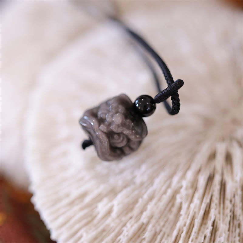 Fortune Jewel Natural Silver Sheen Obsidian Dancing Lion Protection Necklace Pendant