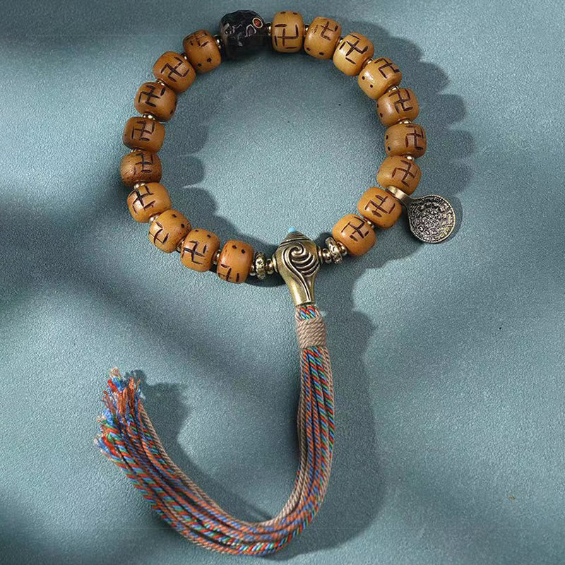 Fortune Jewel Natural Tibetan Camel Bone Swastika Dzi Bead Shankha Buddha Charm Kirtimukha Luck Protection Tassel Bracelet