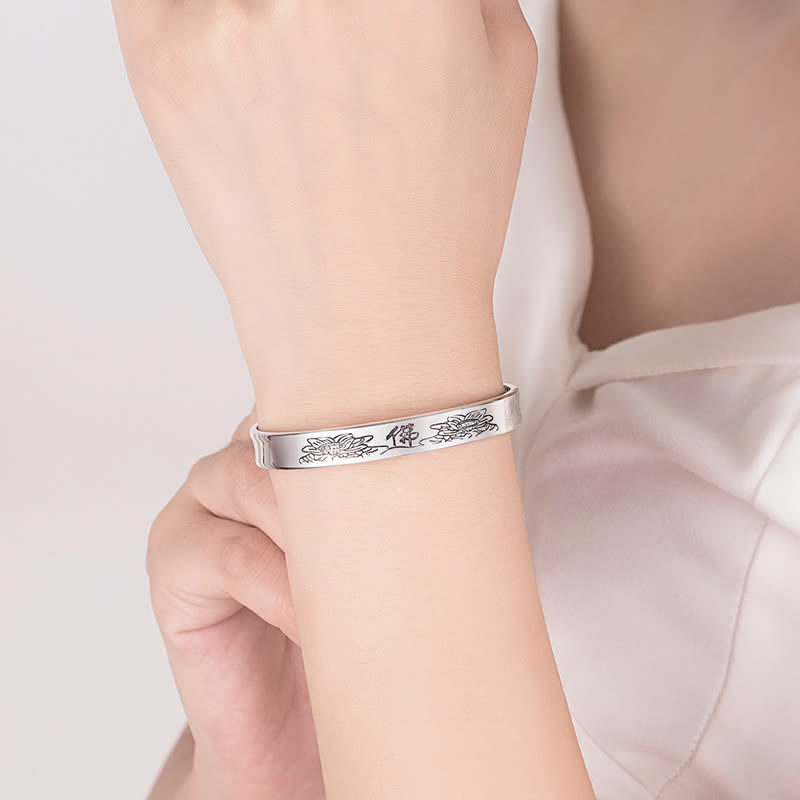 Fortune Jewel Heart Sutra Mantra Lotus Peace Copper Cuff Bracelet Bangle Fortune Jewel