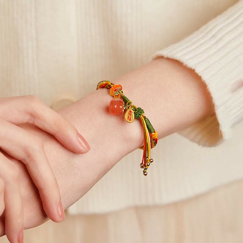 Fortune Jewel Persimmon Red Agate Strength Reincarnation Knot Braid String Bracelet