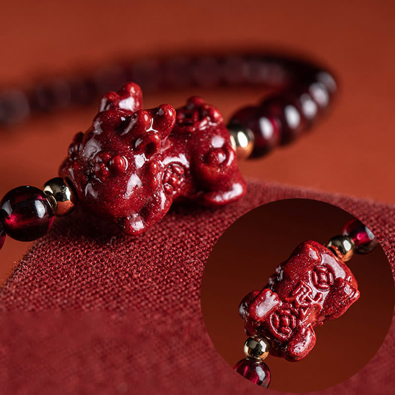 Fortune Jewel Garnet Cinnabar PiXiu Blessing Calm String Bracelet