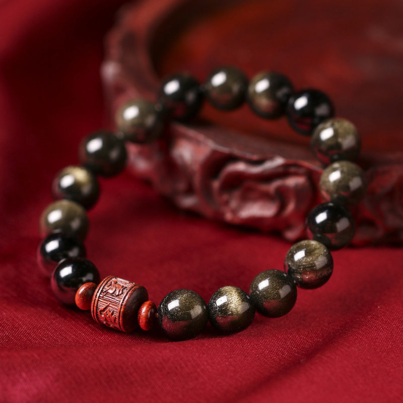 Fortune Jewel Natural Gold Sheen Obsidian Rainbow Obsidian Om Mani Padme Hum Fu Character Healing Bracelet
