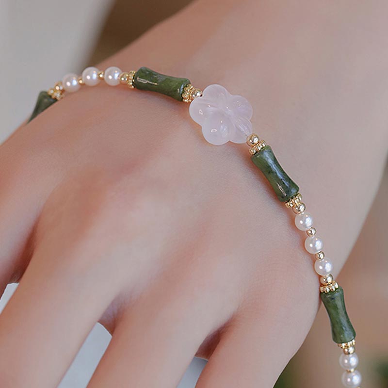 Fortune Jewel Peridot Bamboo Flower Agate Pearl Peace Bracelet
