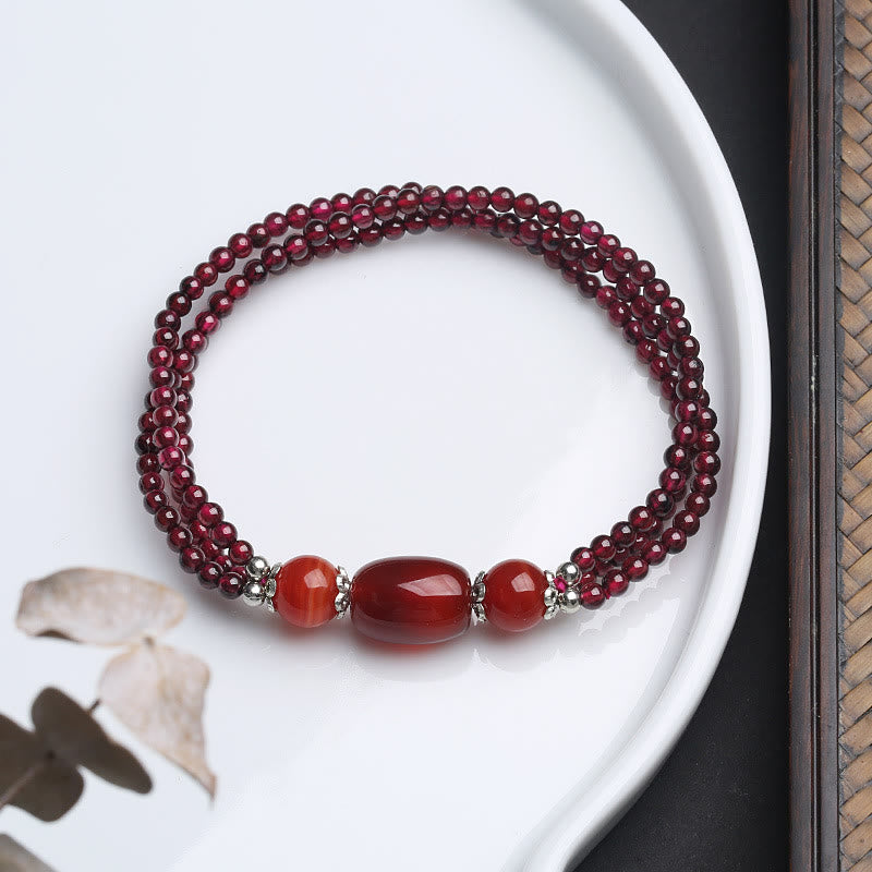 Fortune Jewel Natural Garnet Red Agate Protection Triple Layer Bracelet