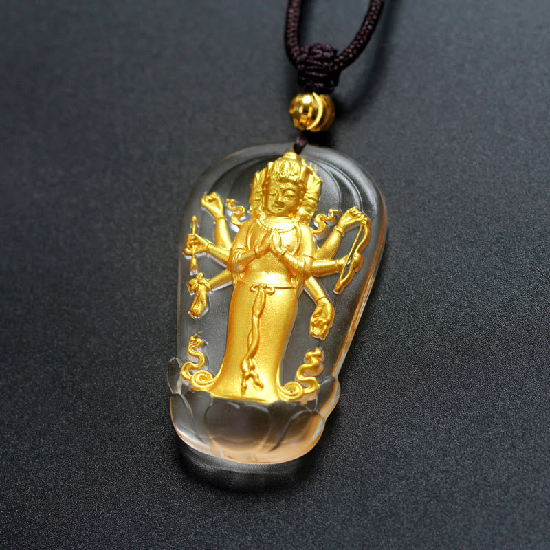 Fortune Jewel Tibetan Eight-armed Avalokitesvara Guanyin Buddha Gold Plated Liuli Crystal Wealth Necklace Pendant Fortune Jewel