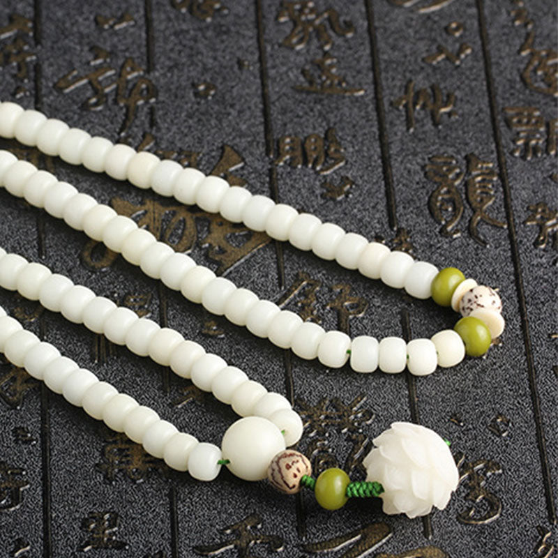 Fortune Jewel White Jade Bodhi Lotus Mala Harmony Necklace Bracelet