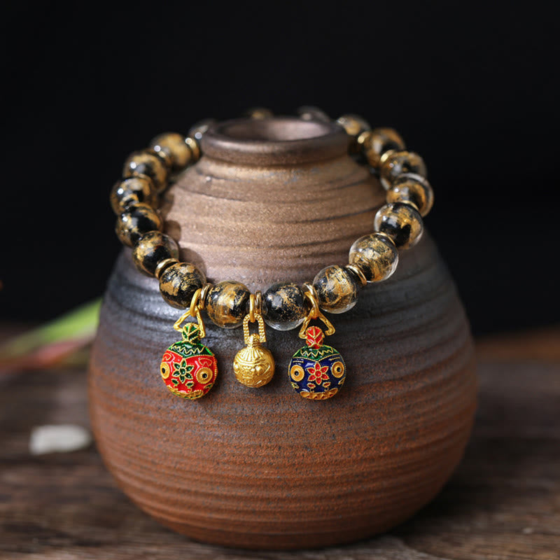 Fortune Jewel Gold Swallowing Beast Family Charm Gold Silver Foil Liuli Glass Bead Blessings Bracelet