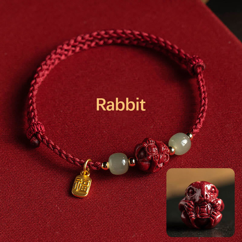 Fortune Jewel Natural Cinnabar Chinese Zodiac Hetian Jade Fu Character Luck Rope Bracelet