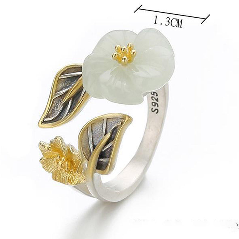 Fortune Jewel 925 Silver Plated Copper White Jade Plum Flower Leaf Luck Ring