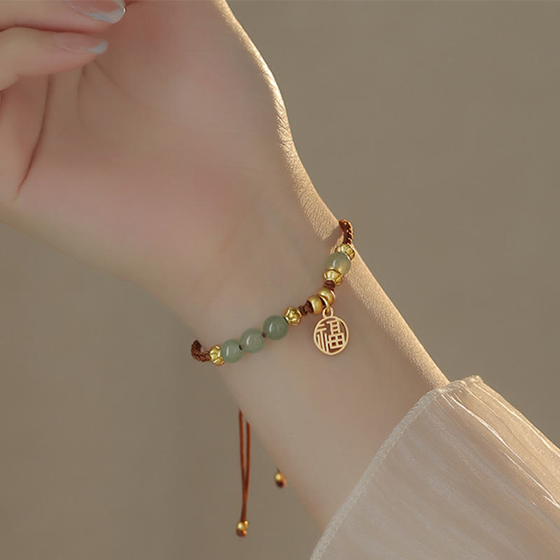 Fortune Jewel Jade Beads Fu Character Blessing Rope Bracelet