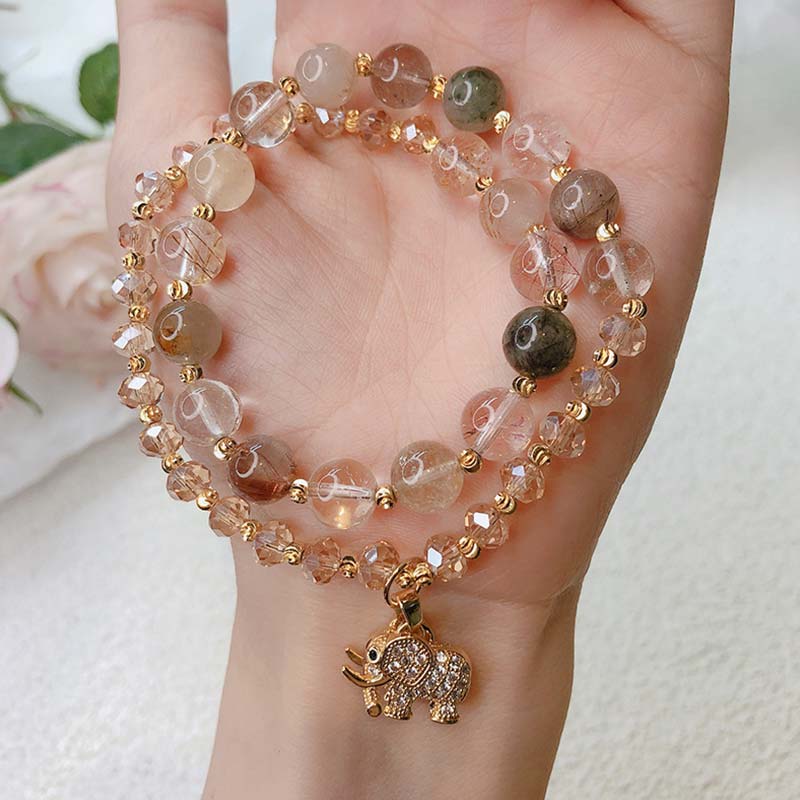 Fortune Jewel Rose Quartz Elephant Healing Energy Charm Bracelet