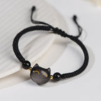 Fortune Jewel Handmade Natural Silver Sheen Obsidian Strawberry Quartz Cute Cat Protection Braided Bracelet