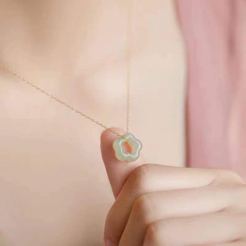 Fortune Jewel Dainty Hetian Jade Cyan Jade Luck Floral Charm Necklace Pendant