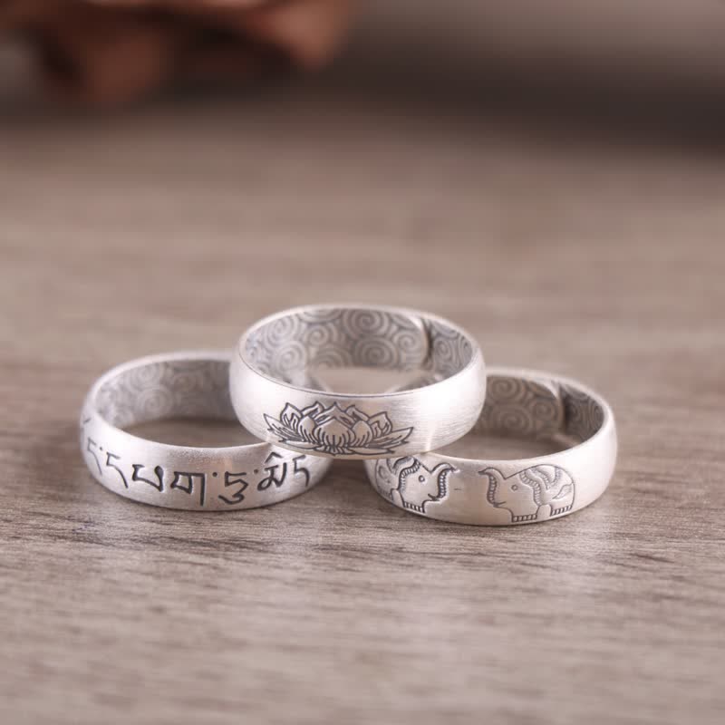 Fortune Jewel 999 Sterling Silver Lotus Elephant Six True Words Blessing Ring Fortune Jewel