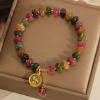 Fortune Jewel Natural Colorful Tourmaline Cute Rabbit Charm Positive Bracelet