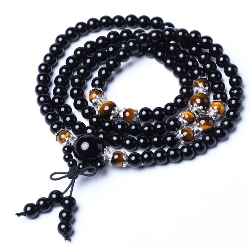 Fortune Jewel 108 Beads Natural Black Obsidian Tiger Eye Mala Bracelet